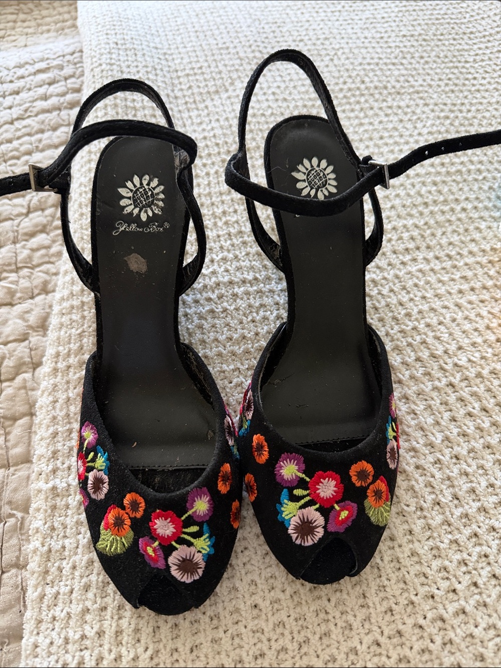 Yellow Box Black Floral Embroidered Ankle-Strap Heels